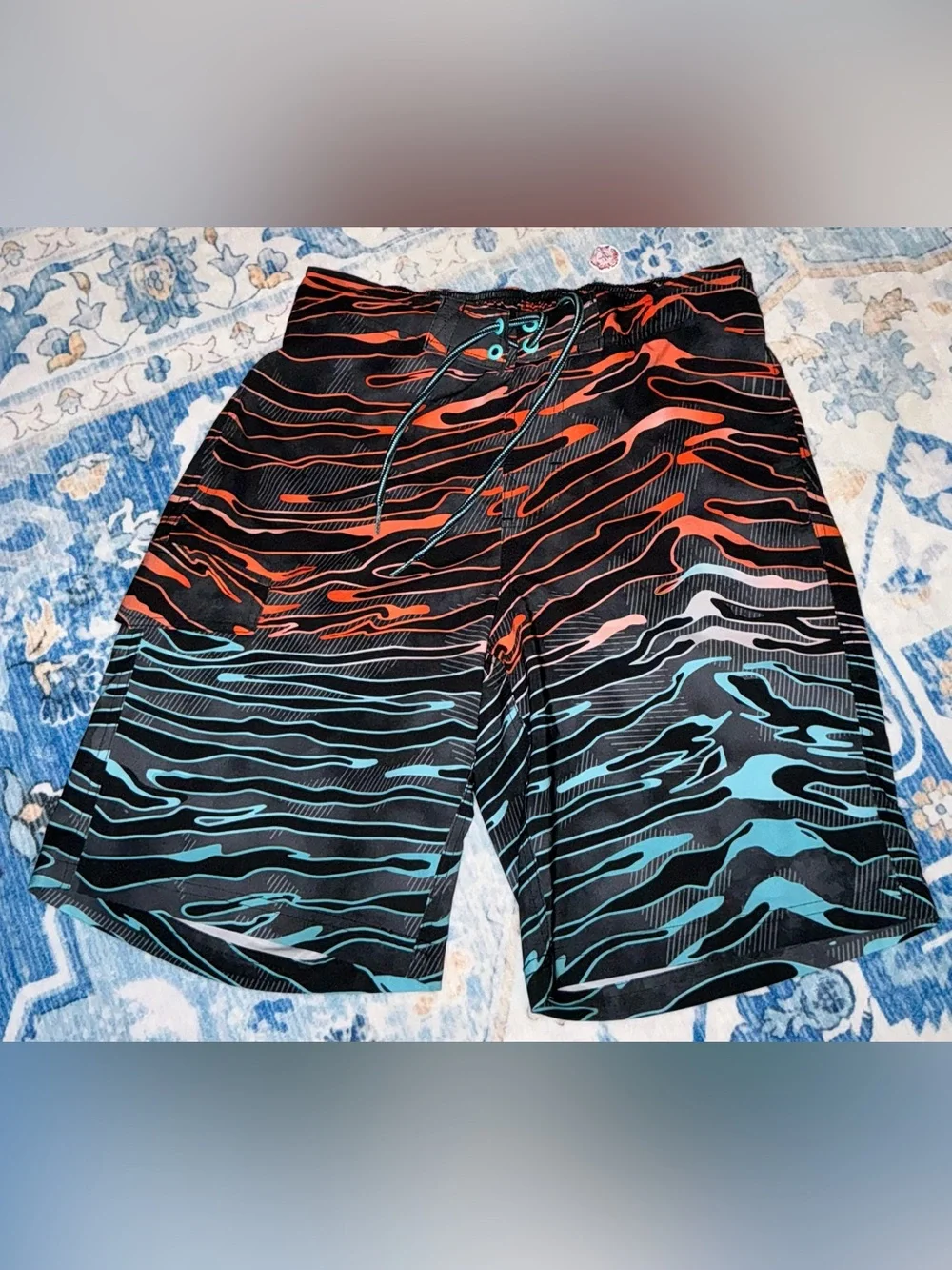 George Black and Coral Striped Swim Trunks